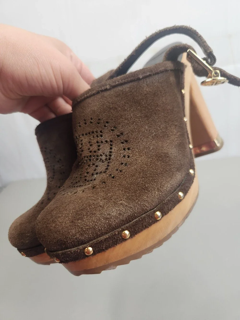 Tory Burch Brayden Brown Suede Wood Platform Slingback Clogs Heels 8.5M